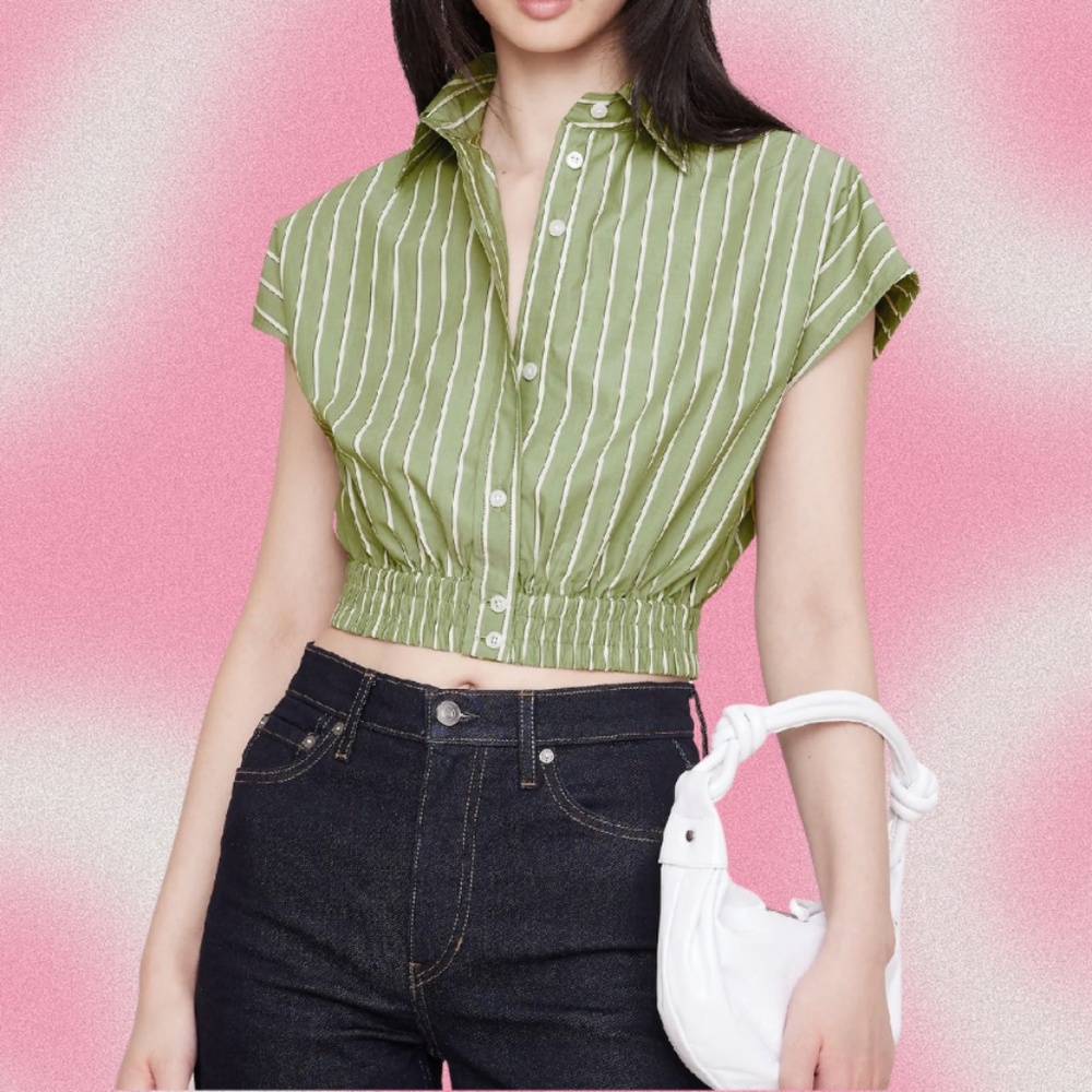 Cotton Poplin Cropped Shirt – Green Stripe – S - NWT